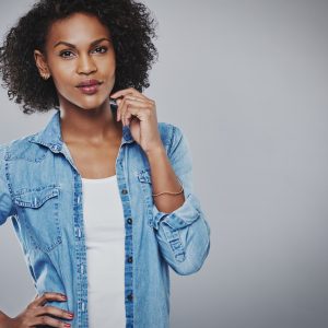 woman in blue shirt